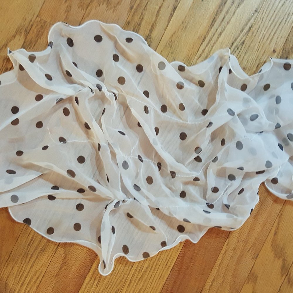 72" Frilly white scarf with black polka dots